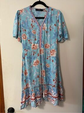 LEANI Light Blue Boho Floral V-Neck Tassel Summer Dress - Size S